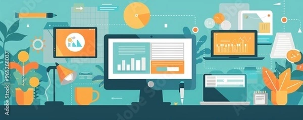 Fototapeta Remote work with technology, seamless workflow, flat design illustration