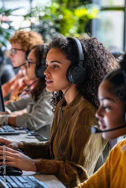 Fototapeta Multiethnic customer service representatives assisting customers in a bright office