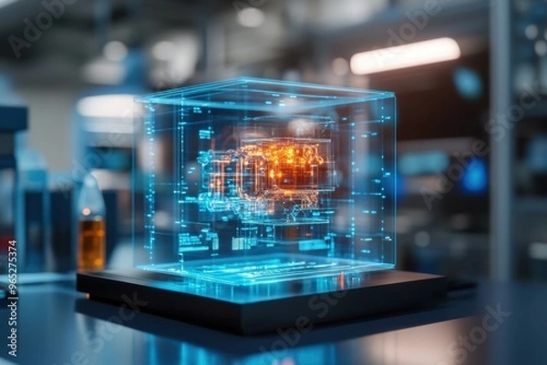 Fototapeta A 3D hologram with transparent layers revealing the internal mechanisms of a machine, projected in a modern tech lab. 