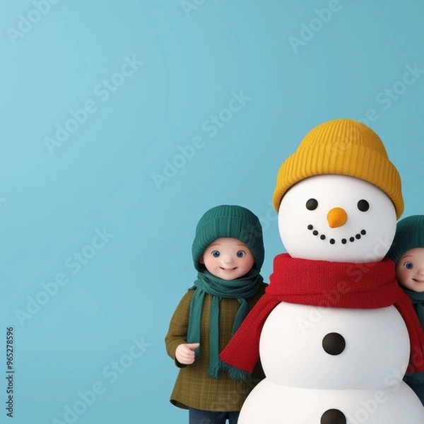 Fototapeta Winter Fun - Children Building Snowman in with Copy Space, Clear Blue Sky, and Selective Focus