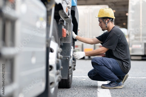 Obraz トラックのタイヤを点検する男性