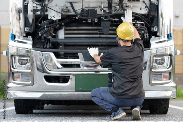 Fototapeta トラックを点検する男性