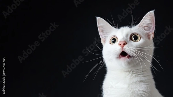 Fototapeta A startled white cat looks wide-eyed and shocked, set against a stark black background that allows for customization of text
