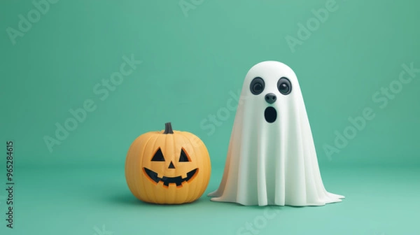 Fototapeta A playful ghost and carved pumpkin create fun Halloween scene, perfect for festive decorations. vibrant colors add cheerful touch to spooky theme