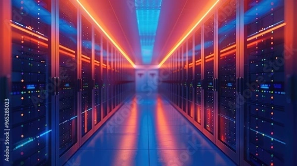 Fototapeta Different perspective of server in a row. gradient blue and orange background. Generative AI.