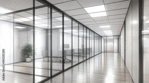 Fototapeta Hand-drawn illustration of a modern office corridor featuring sleek glass partition walls in a stark grey tone.