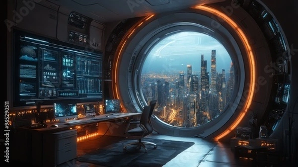 Fototapeta Futuristic home office featuring holographic screens with a view of a city skyline at twilight