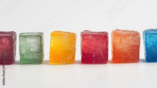 Fototapeta A row of vibrant ice cubes in various colors rests on a clean white surface, ready to chill drinks and enhance summer vibes