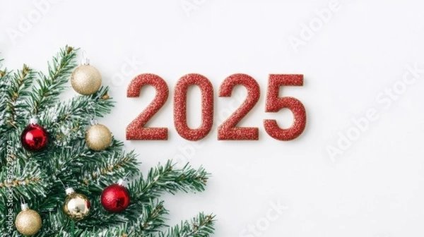 Obraz Numerals representing the year 2025 are arranged next to a Christmas tree decorated with shiny gold and red ornaments