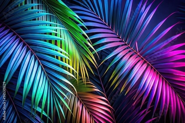 Fototapeta A vibrant and illuminating long shot of a tropical palm leaf background glowing in the dark with color tones of green blue and purple, long shot,tropical, background, blue, purple, vibrant