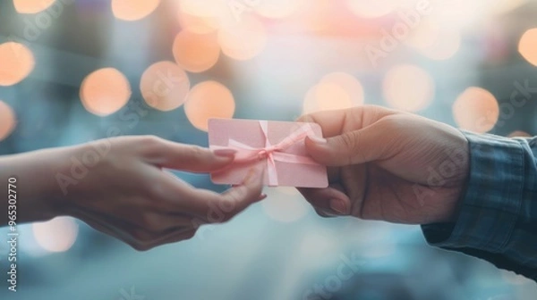 Fototapeta Two hands are in the act of exchanging a gift card while shopping in a busy retail environment