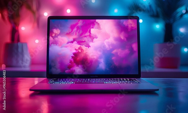 Obraz A MacBook Pro dynamically displayed on a podium