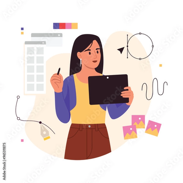 Fototapeta Vector illustration of graphic designer girl.Cartoon scene of a girl holding a tablet and a stylus, creating an illustration, in a graphic editor, a pen, a circle, a cursor, a palette of colors, tabs.