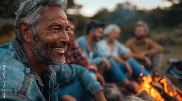 Fototapeta Middle-aged friends share stories and smiles as they sit around a glowing campfire in the fall.