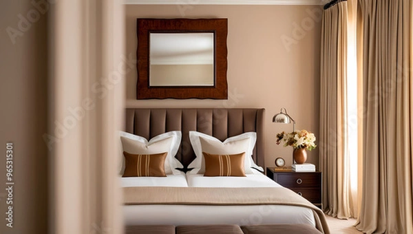 Fototapeta A beautifully arranged master bedroom with a large bed and an eye-catching mirror, perfect for relaxation and style