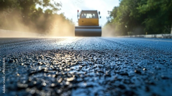 Fototapeta A detailed view of fresh asphalt on a road, with a steamroller in the distance preparing to flatten and smooth the surface during road repairs.