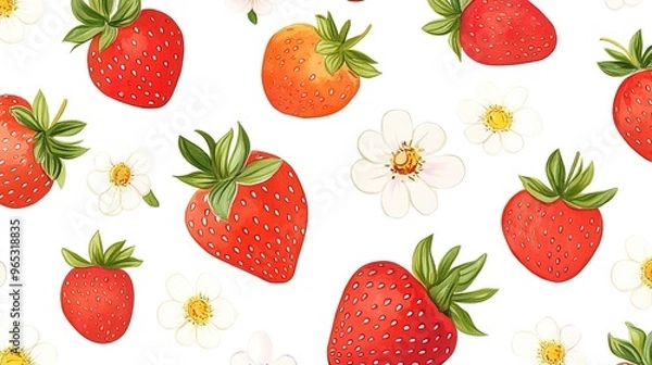 Fototapeta Seamless hand-drawn pattern of strawberries and flowers on a white background.