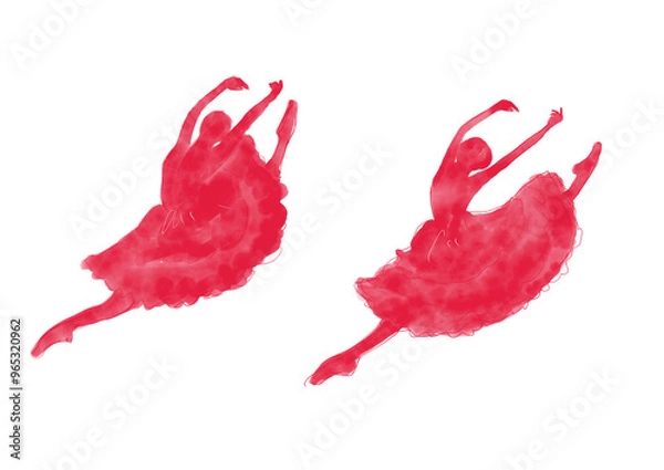 Fototapeta バレエの手書きシルエット　ドンキホーテ　ドン・キホーテ　キトリ　イラスト　水彩　スケッチ　赤　