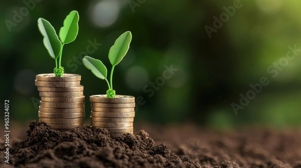 Fototapeta Money Growth Concept - Euro Coins Embedded in Growth Patterns with Copy Space, Selective Focus,