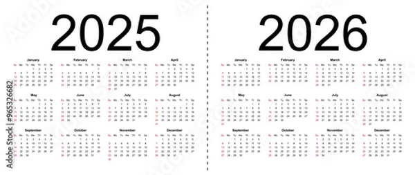 Fototapeta Calendar 2025, 2026. Week starts from Sunday, business template. Isolated vector illustration on white background.