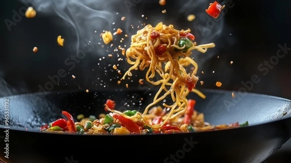 Obraz Asian wok noodles in a frozen motion with vegetables and prans. The idea of preparing meat.