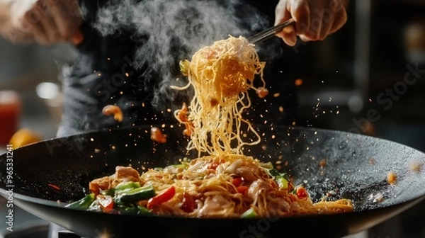 Obraz Asian wok noodles in a frozen motion with vegetables and prans. The idea of preparing meat.