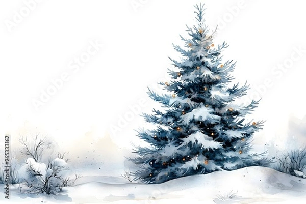 Fototapeta Watercolor image of a fir tree decorated with New Year toys on a white background. Christmas abstract background for Christmas greeting card.