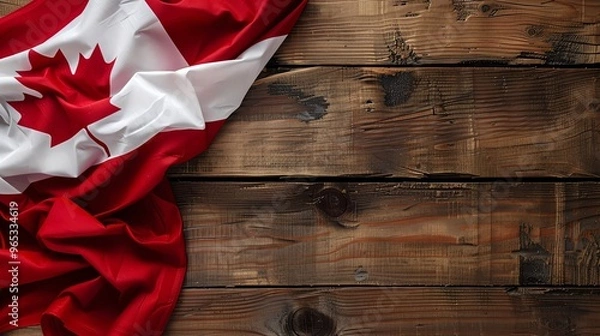 Obraz Elegant Canadian flag tablecloth draped on a rustic wooden table background, creating a classic, homely feel with ample space for Canada Day text