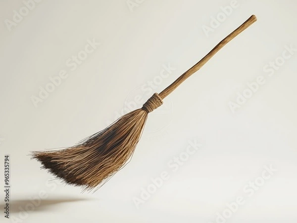 Fototapeta A tiny 3D broomstick, floating slightly above an isolated white surface, cute minimal with supernatural Halloween vibes