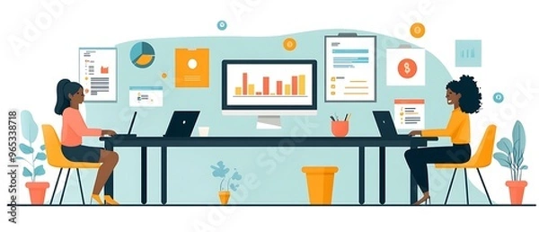 Fototapeta Two women working together at a desk with laptops and charts.