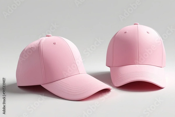 Fototapeta Blank pink baseball caps mockup on white background, AI Generated