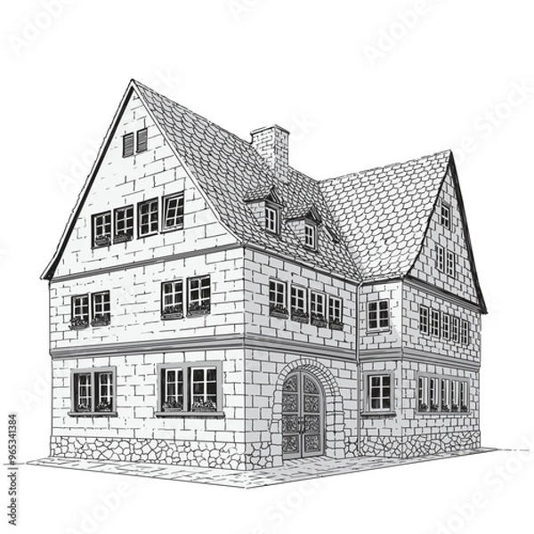Fototapeta Multi-storey stone village house in European style with tiled roof. Front entrance to the building. A quick pencil sketch on a beige background.