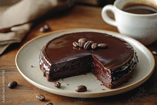 Obraz A rich dark chocolate espresso torte with a glossy ganache topping, served with a cup of coffee