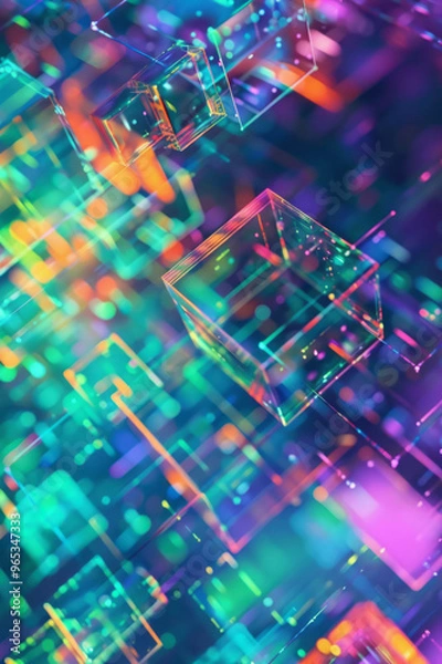 Obraz A digital backdrop features glowing geometric shapes, symbolizing data technology in a virtual space.