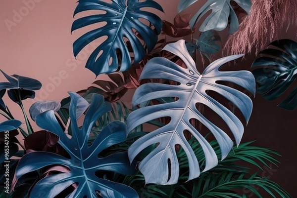 Fototapeta Dreamlike Twilight Blue and Dusty Rose Leaves, Ethereal Monstera Visuals, Whimsical Tropical Nature Exploration, Enchanting Exotic Floral Scenery