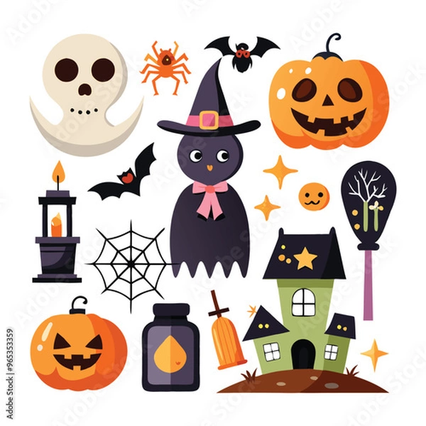 Fototapeta Set of Halloween vector elements like pumpkins, bats, and ghosts on white. Cute flat halloween elements illustration 