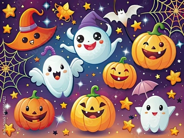 Fototapeta Whimsical cartoon illustrations of smiling ghosts, bats, pumpkins, and spiders in bright colors, creating a playful and festive atmosphere for Halloween celebrations.