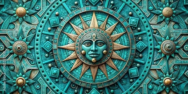 Fototapeta Vibrant turquoise waves undulate across the page, symbolizing the sun's fiery spirit and the moon's gentle glow, as intricate aztec patterns emerge like phoenixes from the desert sand.