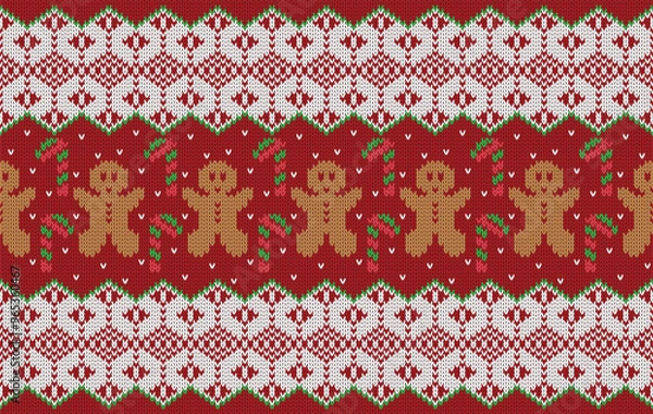Fototapeta Knitted pattern seamless fabric gingerbread and snow. traditional knitted pattern Christmas cookies vector. Designed for background ,wallpaper ,clothing ,knitted pattern ,fabric ,embroidery ,textile