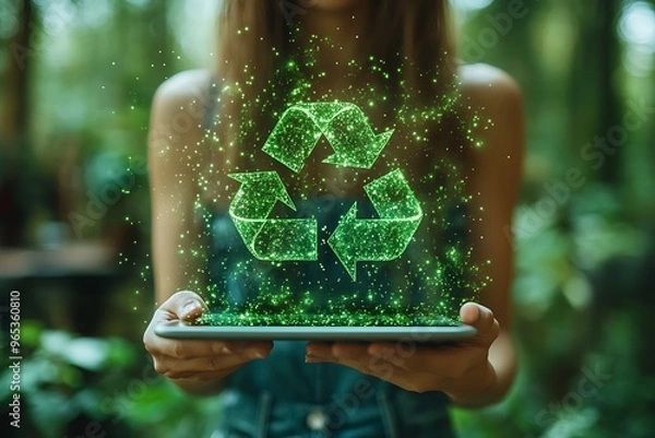 Fototapeta Woman holding a tablet with a glowing green recycle symbol.