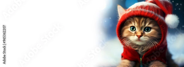Fototapeta Extreme close-up of a cute little kitten dressed as Santa Claus while looking at the camera on a cold winter day while it is snowing. Template for a winter or Christmas greeting card. Generative Ai.