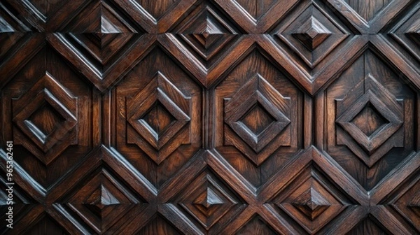 Fototapeta Exquisite Geometric Woodwork Design on Dark-Stained Wooden Wall Background