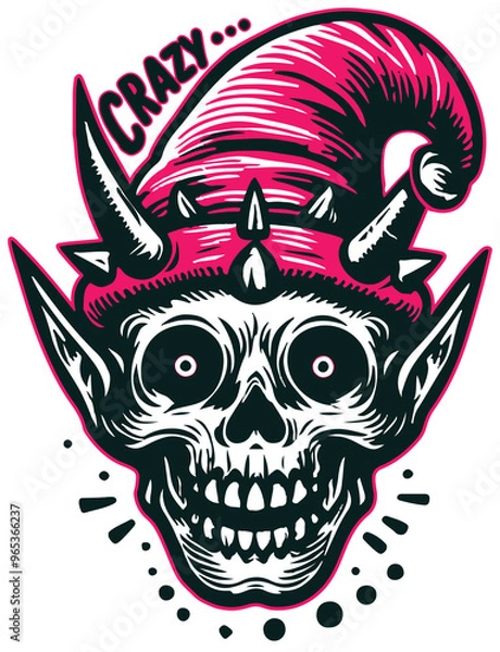 Fototapeta Crazy smiling gnome skull wearing a pink hat in a fun, quirky design. This fantasy-inspired character adds a whimsical and edgy twist, perfect for Halloween, gothic art. PNG sticker