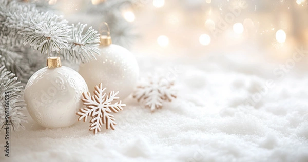 Obraz White cozy christmas background with christmas balls and christmas tree branches with warm lights, beige white colors and christmas atmosphere, glamour christmas background