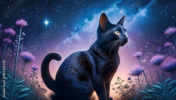 Obraz 猫、星空、幻想的、花、宇宙、夜空、光、神秘的、ファンタジー、輝き、自然、星、夢、草原、美しい