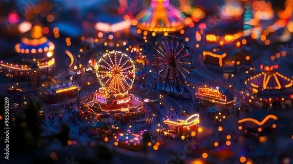 Fototapeta A vibrant carnival scene filled with colorful lights and attractions at night.