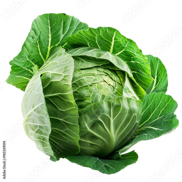 Fototapeta Fresh green cabbage with glossy leaves resting on a transparent background in a vibrant natural arrangement