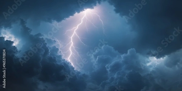 Fototapeta Dramatic stormy sky with lightning bolts striking down, creating