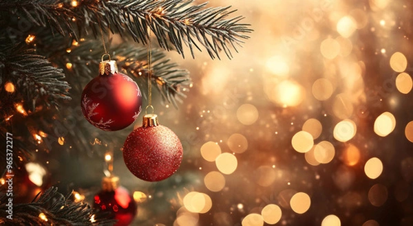 Obraz Red Christmas Holiday Balls and Twinkle Lights Warm Background, Christmas Time Home Atmosphere 