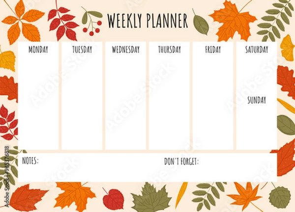 Fototapeta Weekly planner template with autumn background. Vector illustration with autumn elements for planner.  Personal electronic organizer.